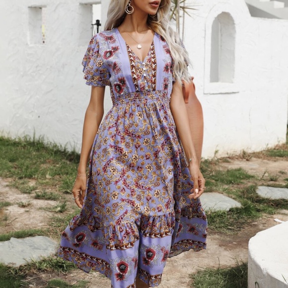 Boho Purple Butterfly Sleeve V neck Midi Dress - Picture 9 of 12